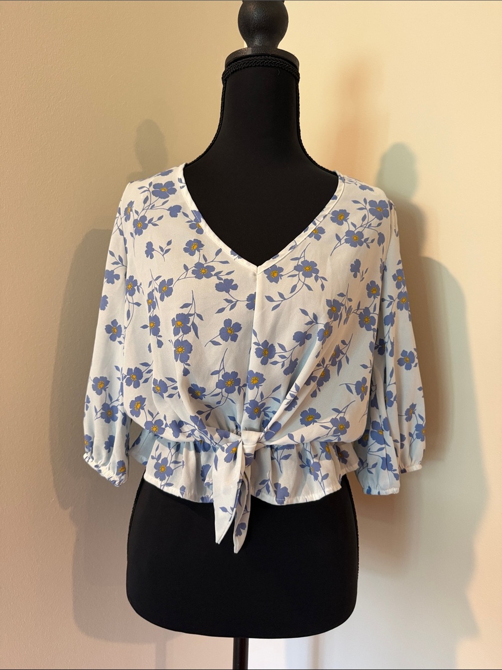 Sienna Sky White Blouse with Blue Floral Tie-Front